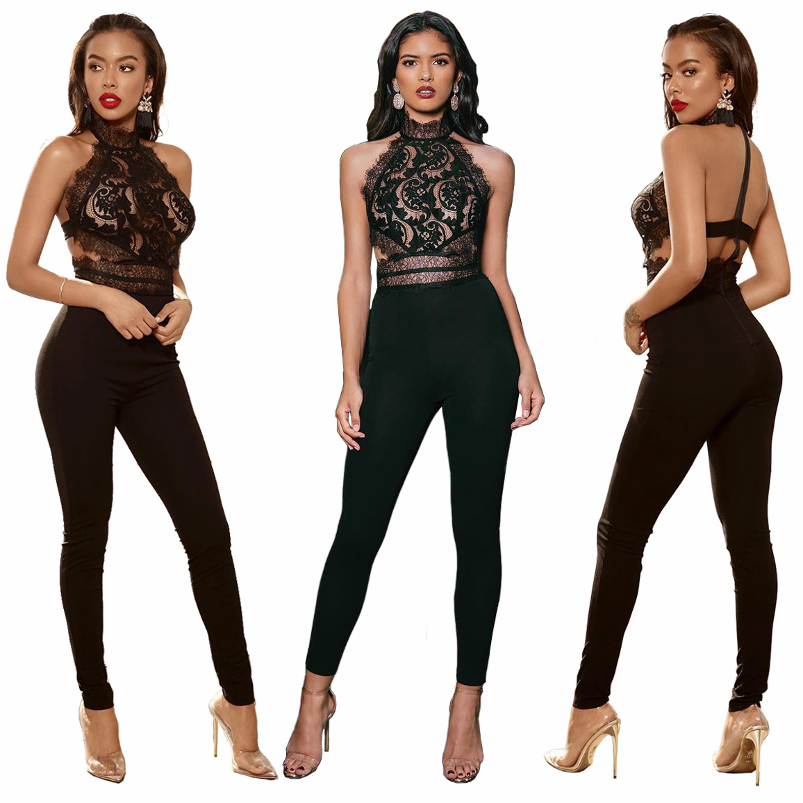 夜店性感欧美女装透视蕾丝裸背连体裤亚马逊速卖通紧身连体裤