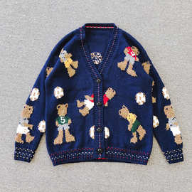 20秋冬古着手工编织小熊提花图案粗线毛衣慵懒风宽松圆领针织上衣