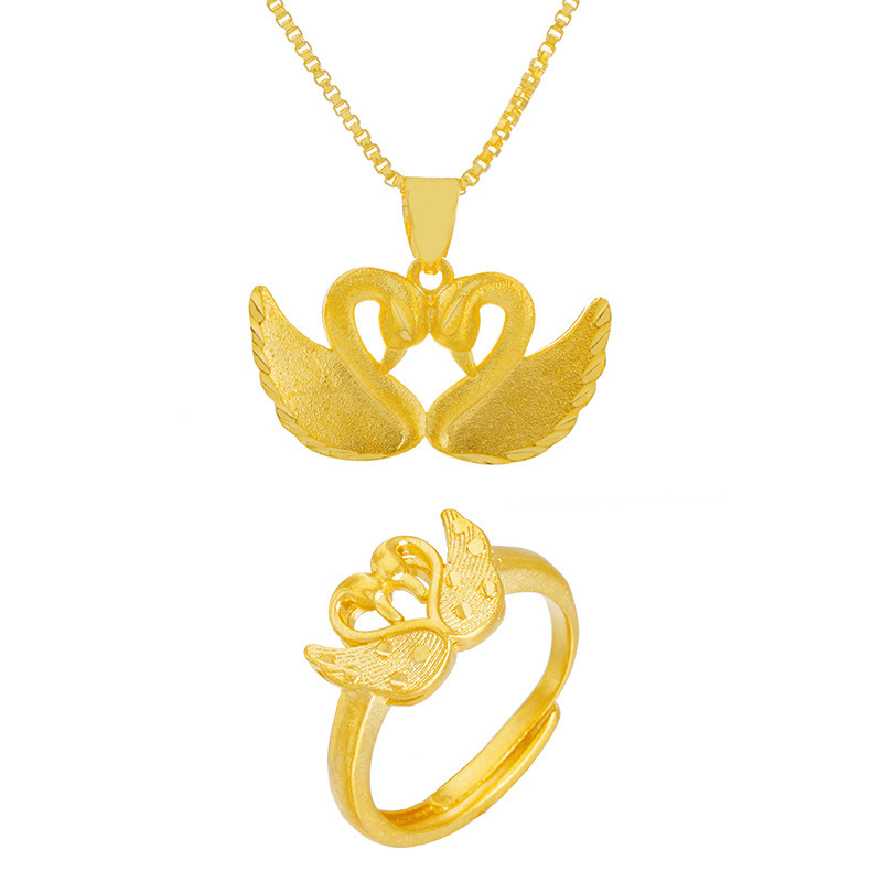 新款时尚沙金双天鹅戒指套装女仿黄金结婚镀黄金吊坠项链久不褪色