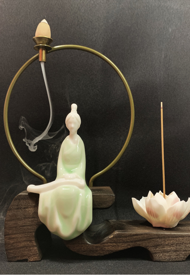 倒流香炉高山流水创意家居摆件莲花香插禅意中式檀香炉陶瓷熏香炉