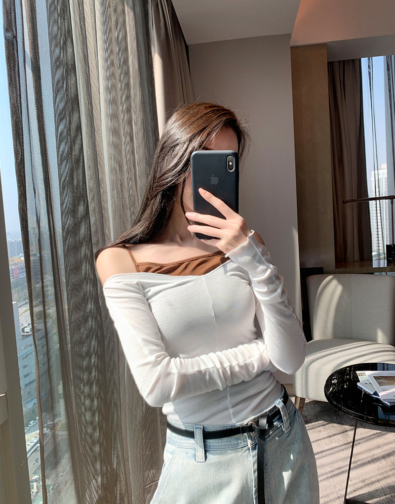 2019夏季新款女装韩版t恤新款女人味长袖性感吊带露肩上衣两件套