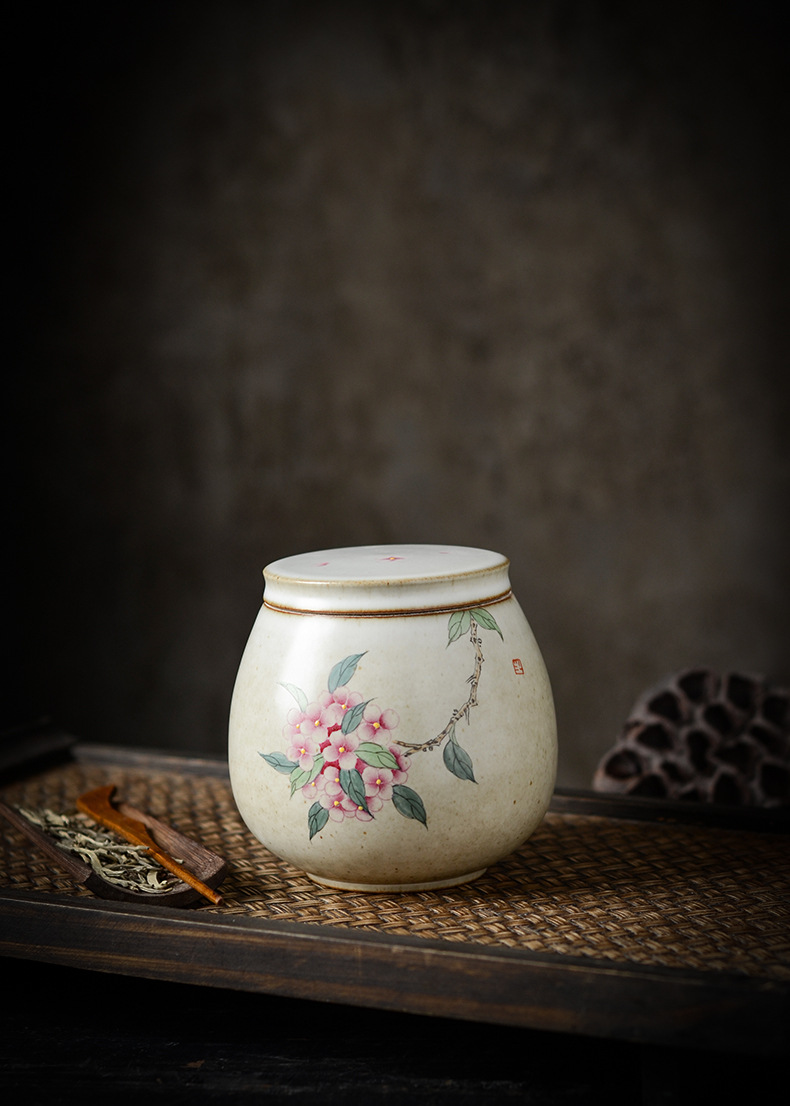景德镇陶瓷手绘小号古朴唯美桂花绣球花石榴茶叶罐茶仓家用醒茶罐
