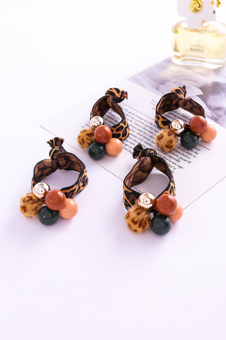 秋冬新款韩版发饰宽边豹纹五珠发圈高弹性粗款扎头绳两元店货源