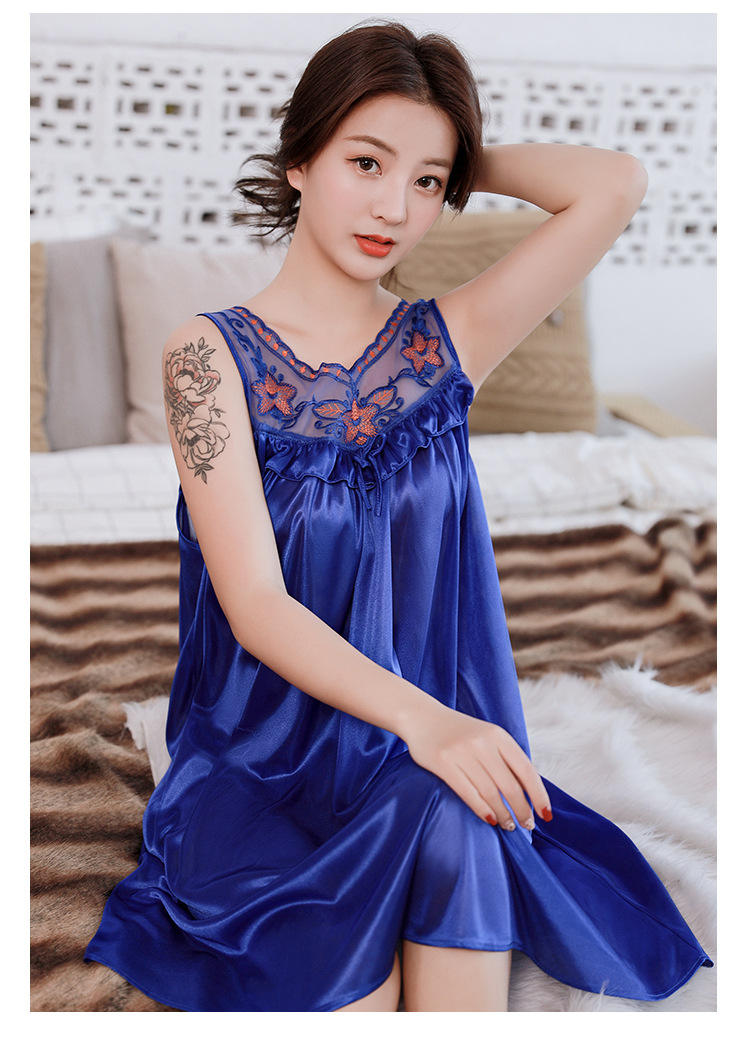 春夏季仿真丝睡裙女士性感情趣睡衣夏冰丝绸蕾丝大摆裙纯色家居服