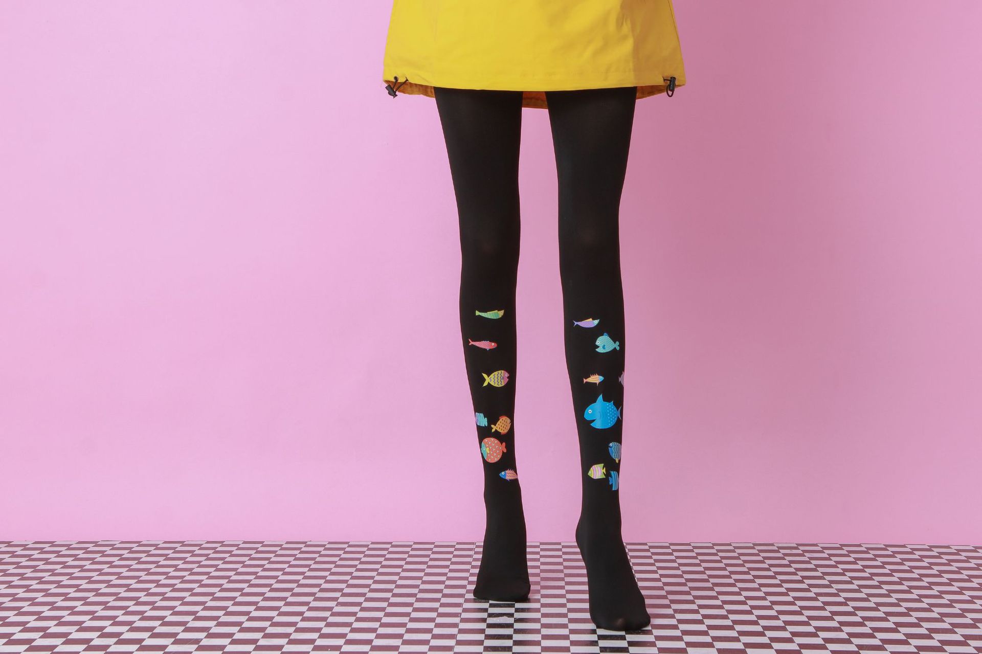 小鱼图案连裤袜 个性趣味黑色打底袜