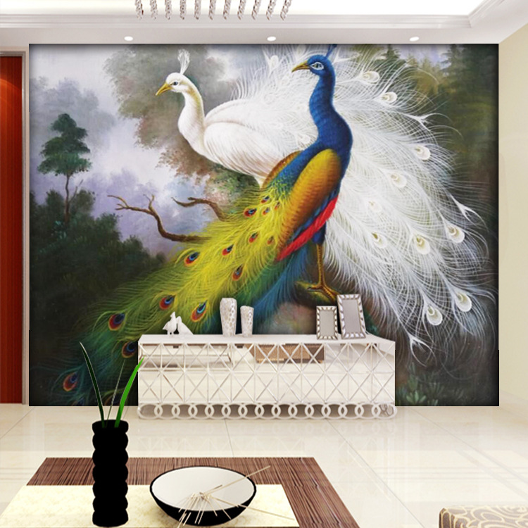 美式白孔雀油画墙纸欧式无缝壁画卧室玄关3d壁纸个性艺术背景墙布