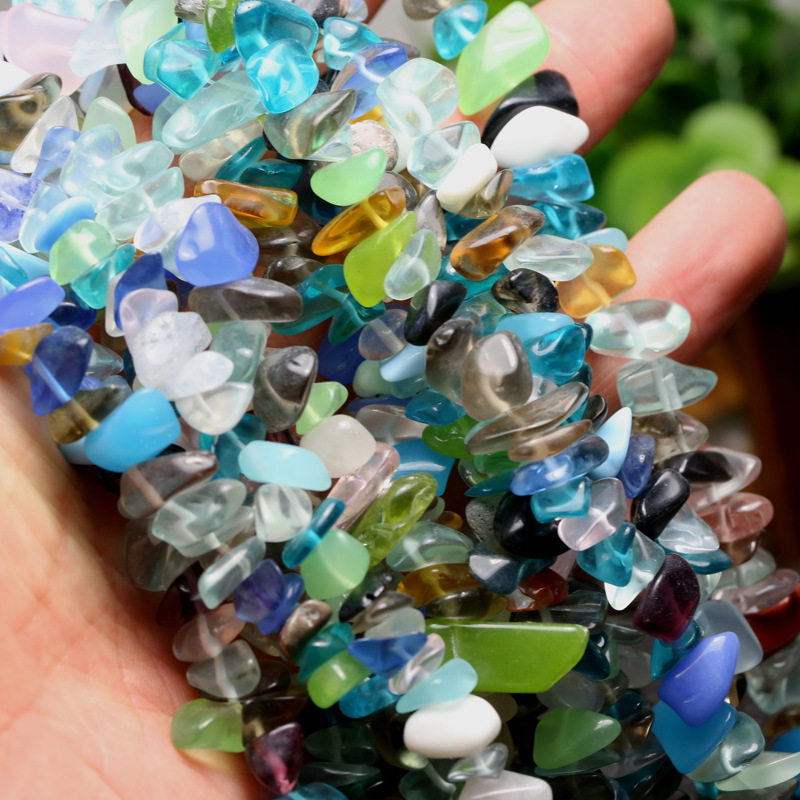 一串价七彩琉璃石碎石链条 链长约85厘米七彩人造琉璃碎石串链