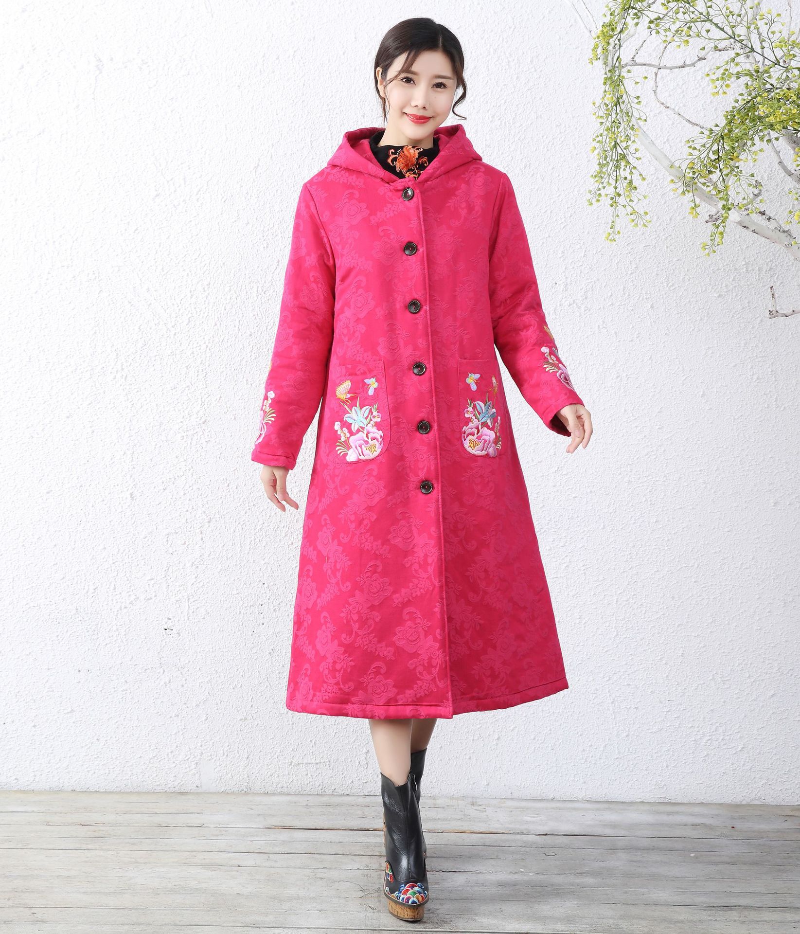冬新款复古长款加厚连帽棉服民族风棉麻刺绣棉衣(货号 jbl19572)
