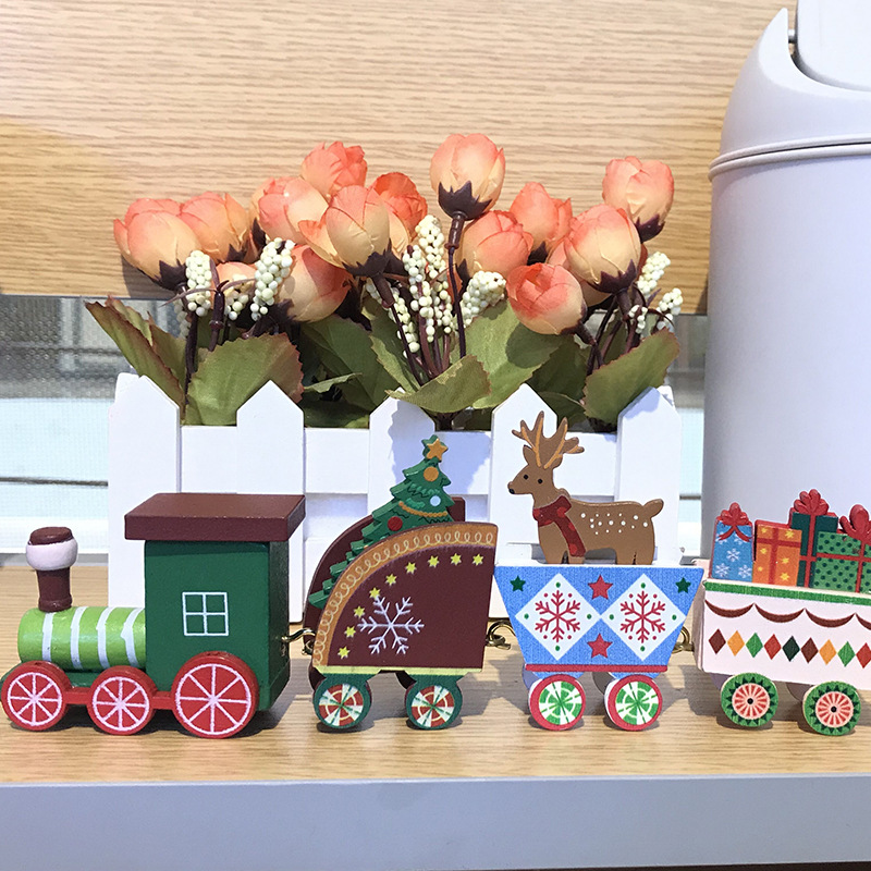 Christmas Decorations Four-Section Small Train Wooden Train Christmas Gift Decoration Ornament Home Decorations