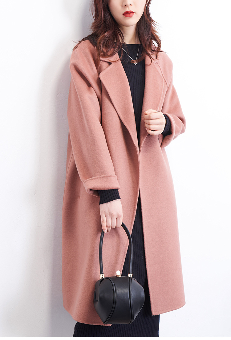 女式毛呢外套-2020新款粉色手工双面羊毛大衣韩版落肩宽松型羊毛双面