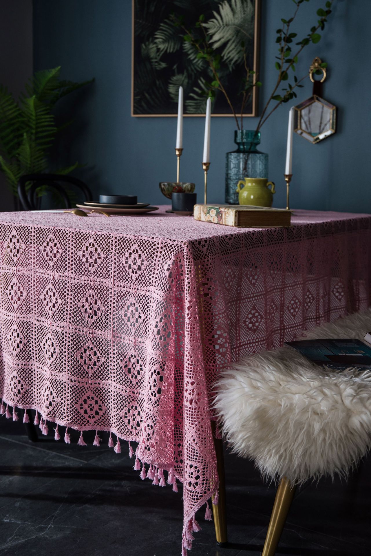 粉色复古美式手工钩针圆桌布针织镂空文艺柳树茶几盖布拍摄背景布