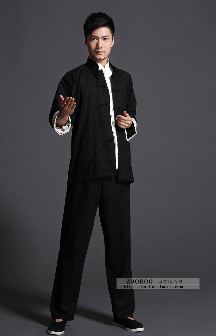 李小龙唐装 咏春拳服装 棉麻长袖民族服装 亚麻太极服道馆服订制