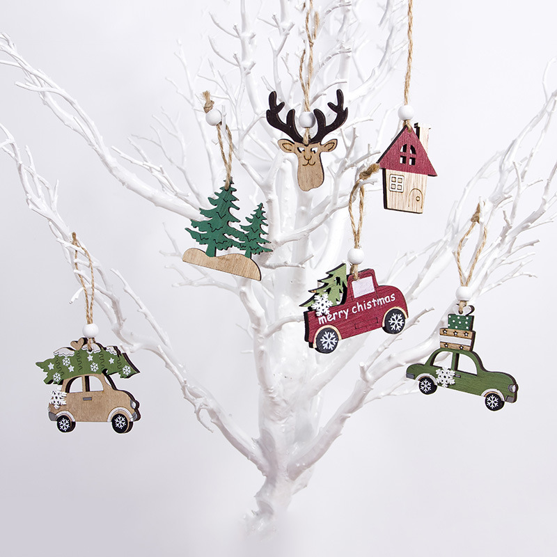 Popular Christmas Wooden Decorative Pendant Creative Christmas Car Deer Christmas Tree Decorative Pendant 3 Pack