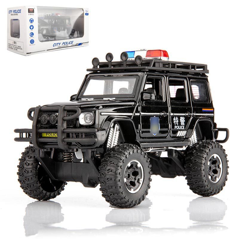 天鹰合金大轮警车声光车模型四轮避震6处可开儿童玩具8929d盒装
