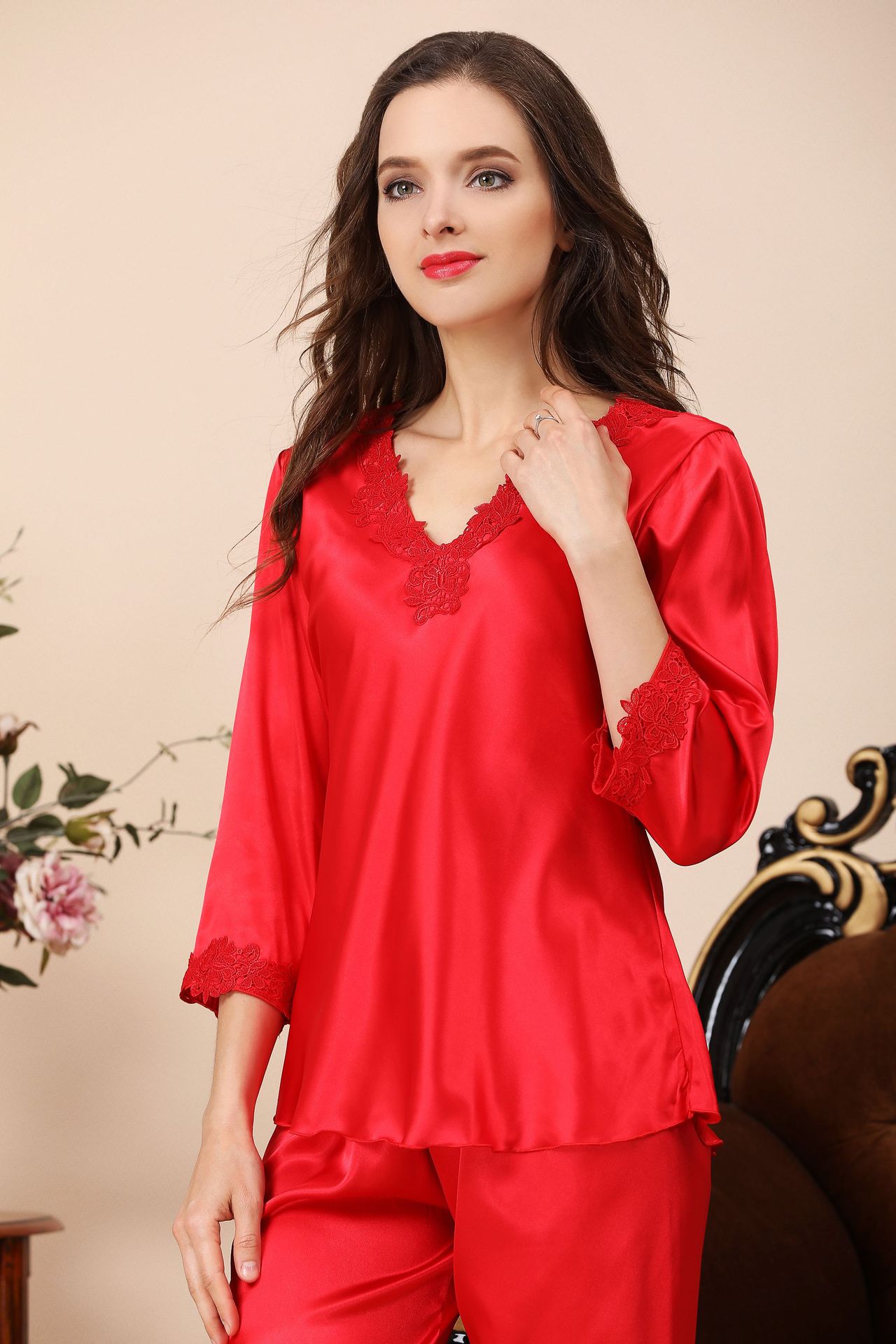 真丝睡衣女春夏季长袖v领套头女士仿真丝睡衣家居服套装厂家直销