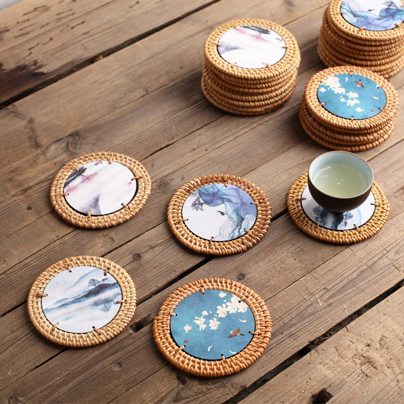 杯垫藤编垫印花茶杯托壶垫壶承隔热餐垫手工拼色茶道配件厂家直销