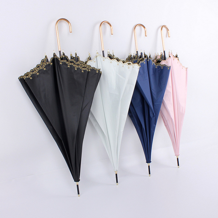 Fresh Five-Pointed Star Flower Embroidery Vinyl Full Shading Straight Rod Long Umbrella Sun Umbrella Sun Umbrella Lady Japanese Umbrella