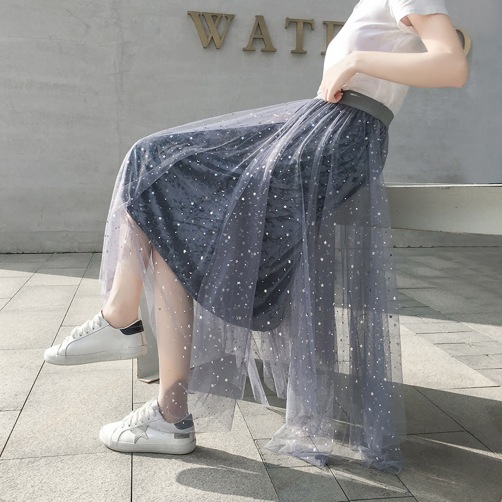 夏季新款星星不规则纱裙中长款仙女裙重工网纱半身裙jr3023
