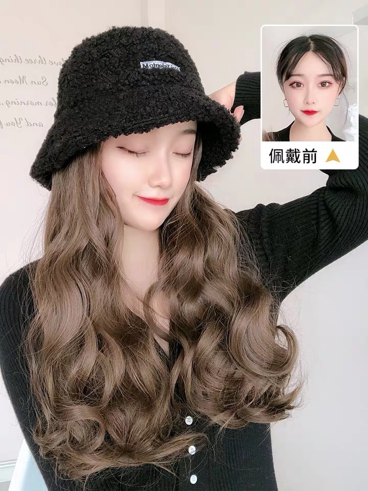 假发女长发羊羔毛渔夫帽子假发女羊毛卷长卷发自然网红发型玉米卷