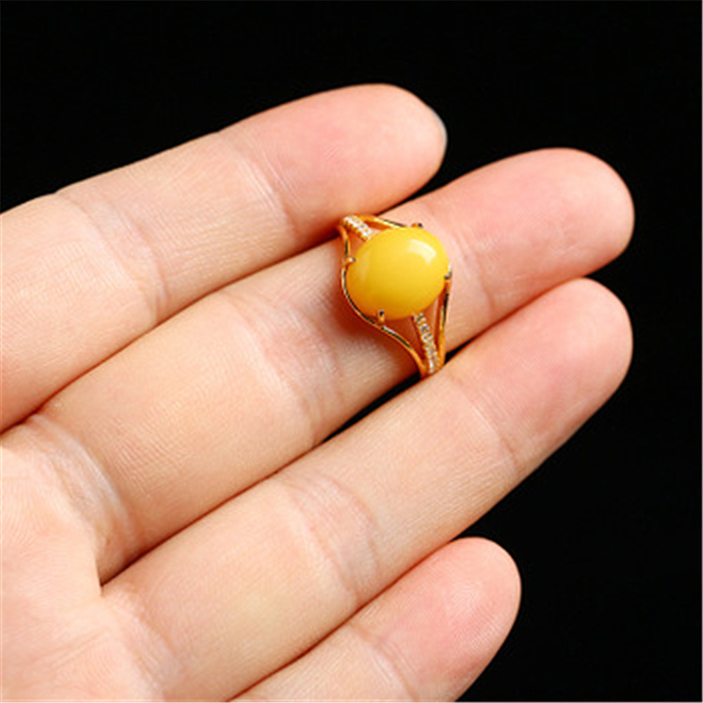 民族风镶嵌琥珀蜜蜡戒指 鸡油黄玉髓戒指开口指环 复古黄蜜蜡戒指