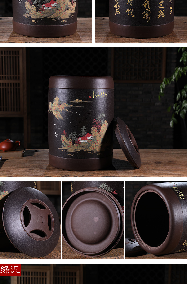 紫来顺 批发大号茶罐茶缸15斤装手工泥绘山水中式普洱饼罐 4378