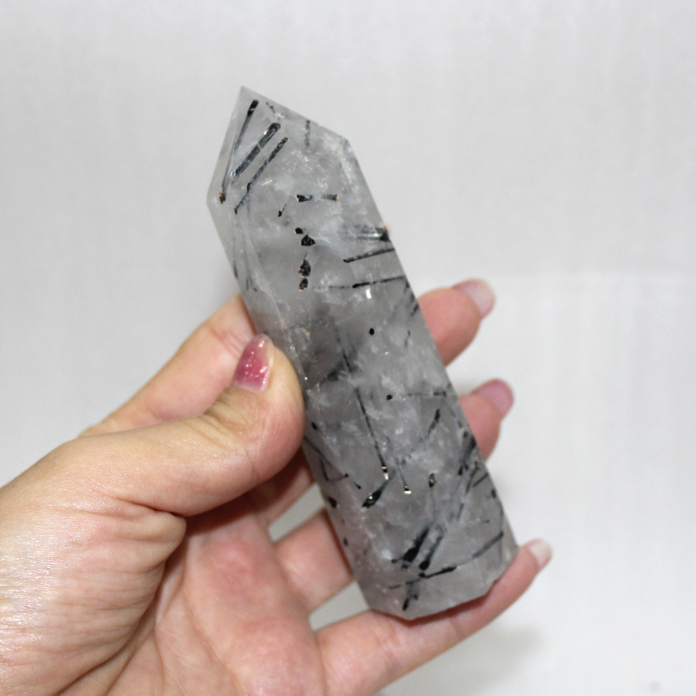 runyangshi天然水晶柱 黑发晶黑碧玺电气石原石六棱单尖水晶柱