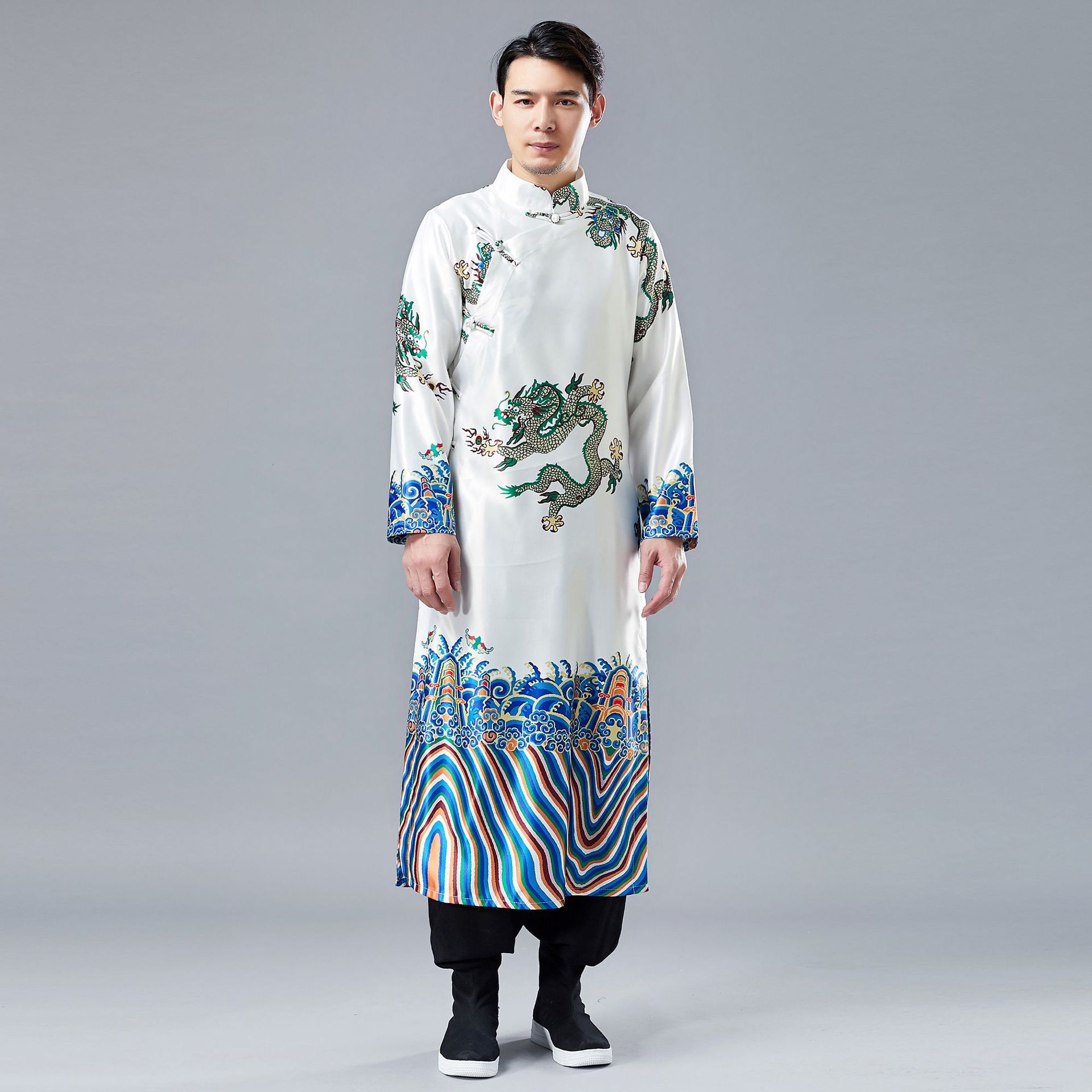 2019春季新款 小龙盘扣长衫 复古中国风长衫男盘扣开衫民族服装