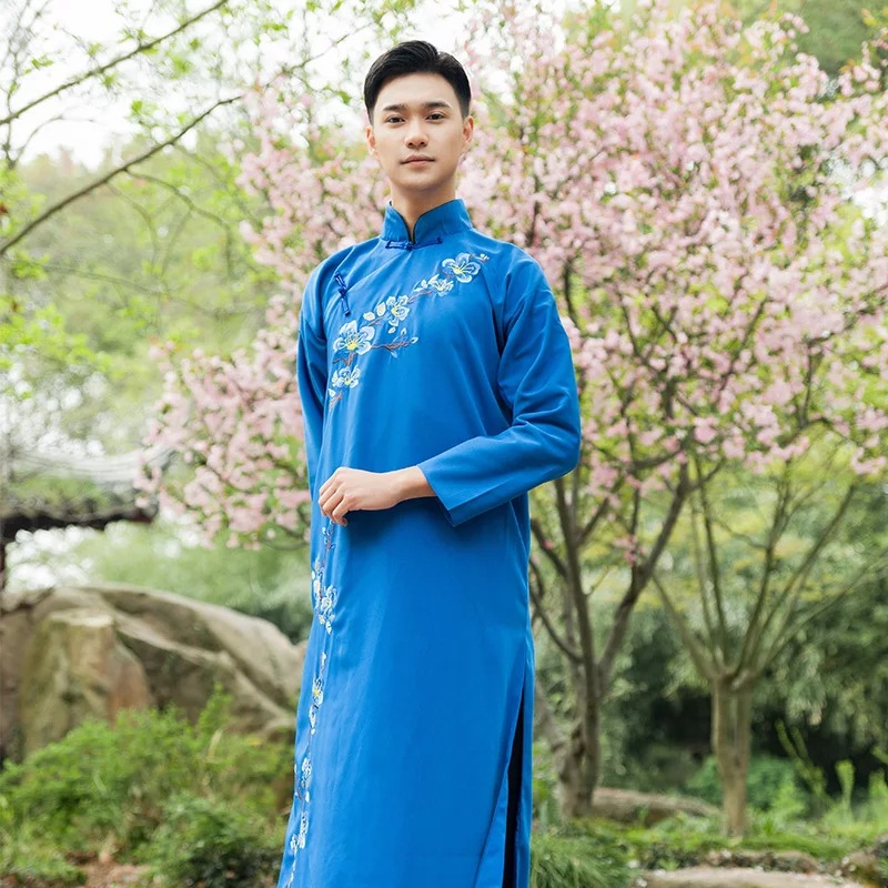 新款中国风男装绣花民国长衫长袍中式大褂相声服演出服