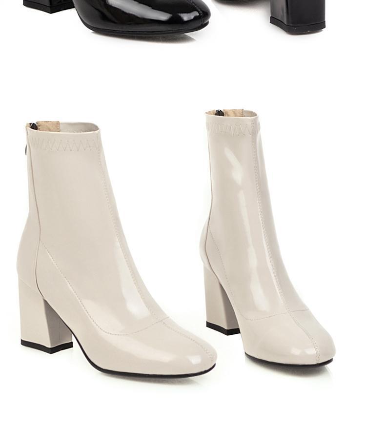 靴女黄色杏色漆皮粗跟高跟圆头短靴大码女鞋女靴小码靴 46 lqw