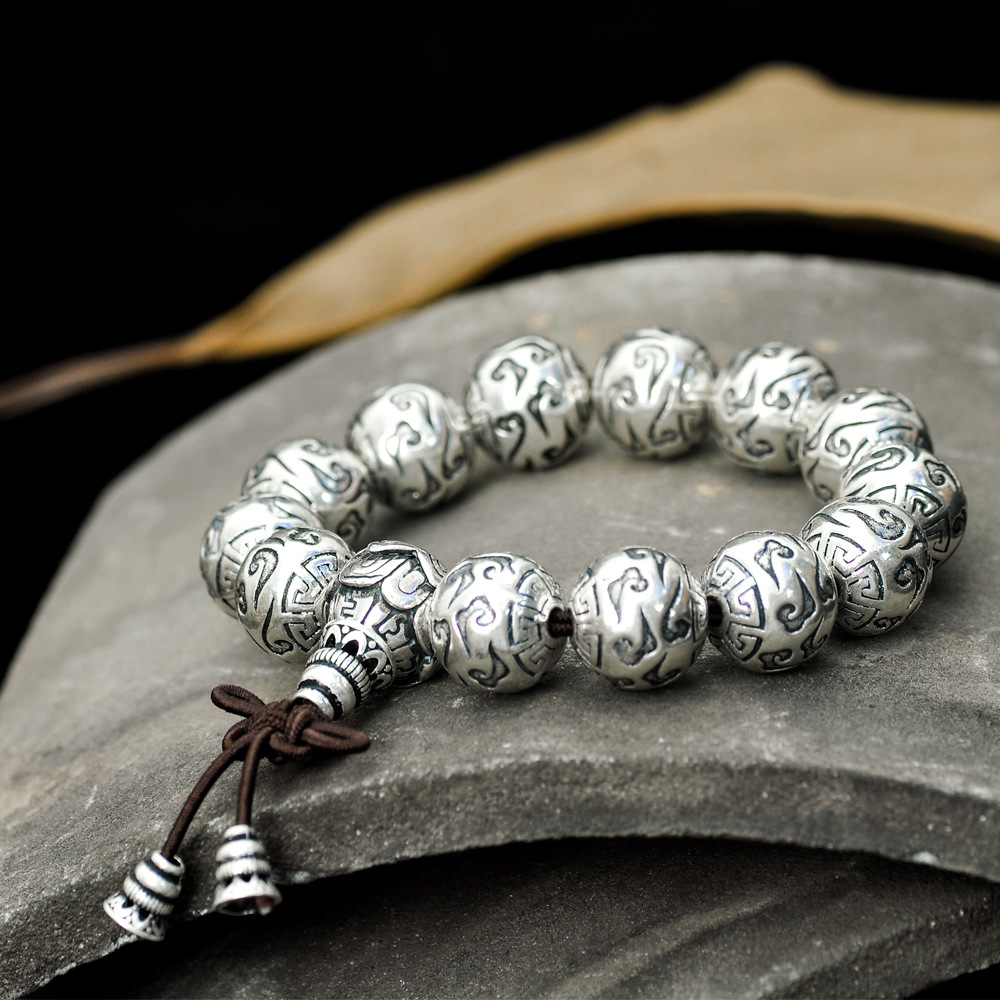 银薇妮s990足银吉祥祥云情侣手链复古泰银男女念珠手链佛珠手串