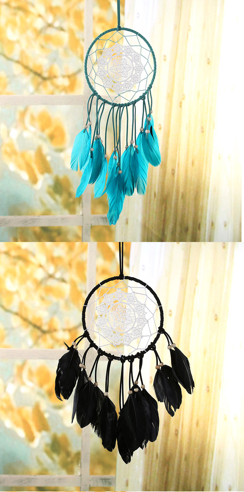 原创工艺品捕梦网 欧美风室内手工羽毛风铃印第安羽毛吊饰批发