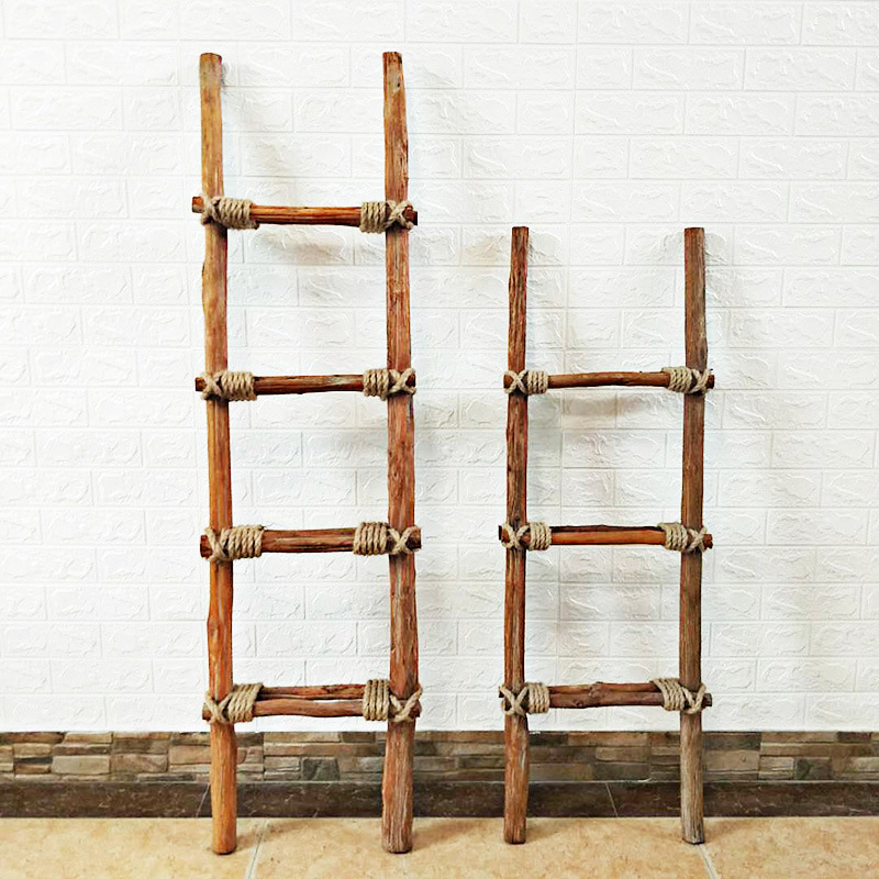 批发麻绳木梯装饰落地摆件实木仿古做旧梯子装饰咖啡馆酒吧装饰