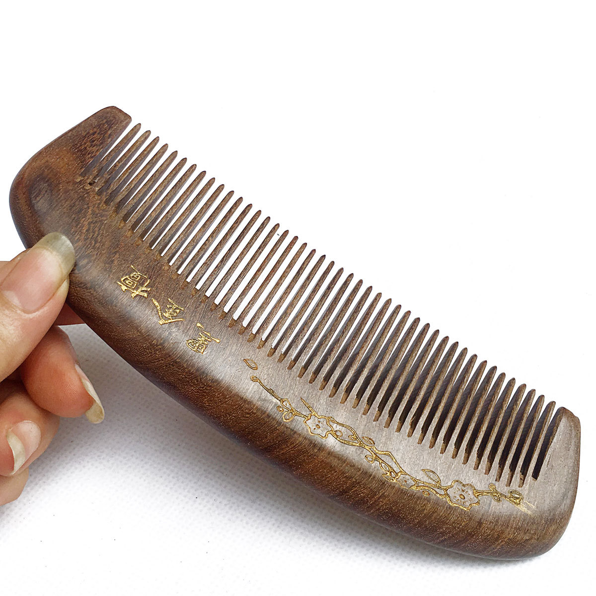 便携金丝檀木梳子正品天然防静电加厚加长整木梳 实木描金檀木梳