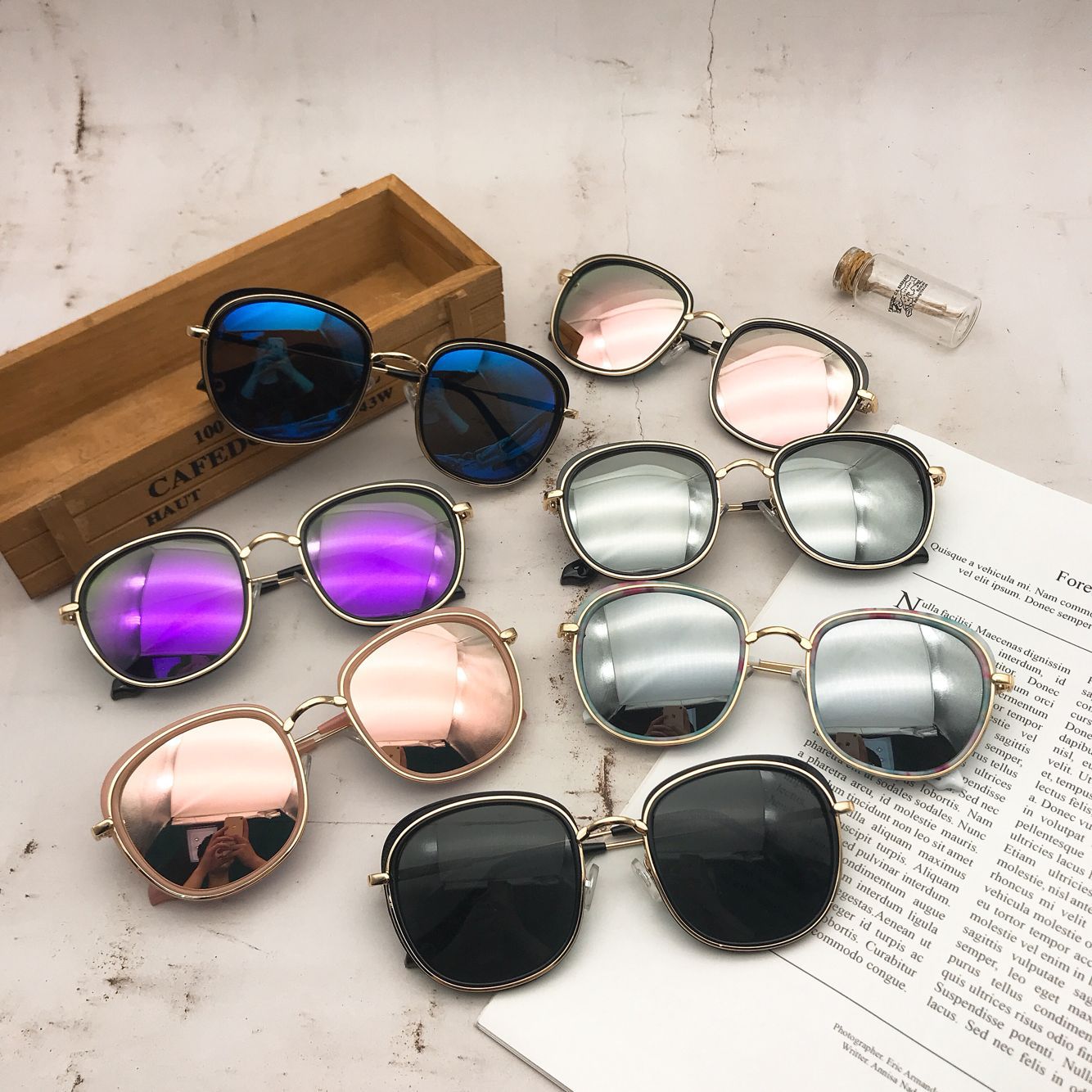 Internet Hot Korean Style Vintage Resin Clip Sunglasses Women's round Face Trendy Large Rim Sunglasses All-Match Metal Glasses Women