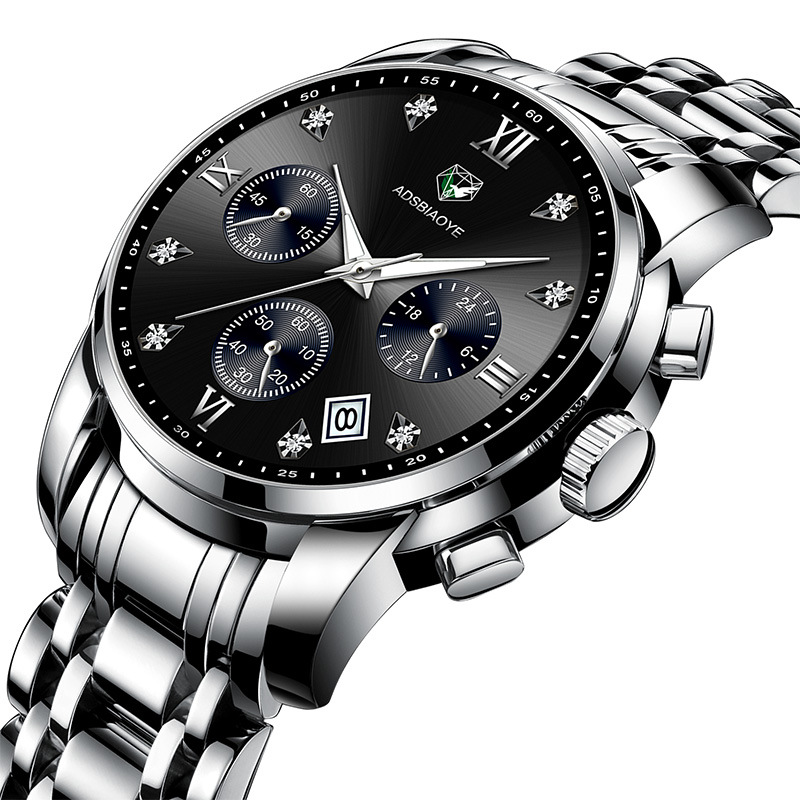 艾达时多功能六针钻石钢带男士手表商务夜光防水非机械石英手表