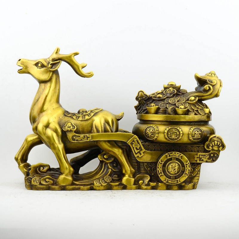 批发精品铜器纯铜1尺3一路发财梅花鹿拉元宝车家居客厅工艺品摆件