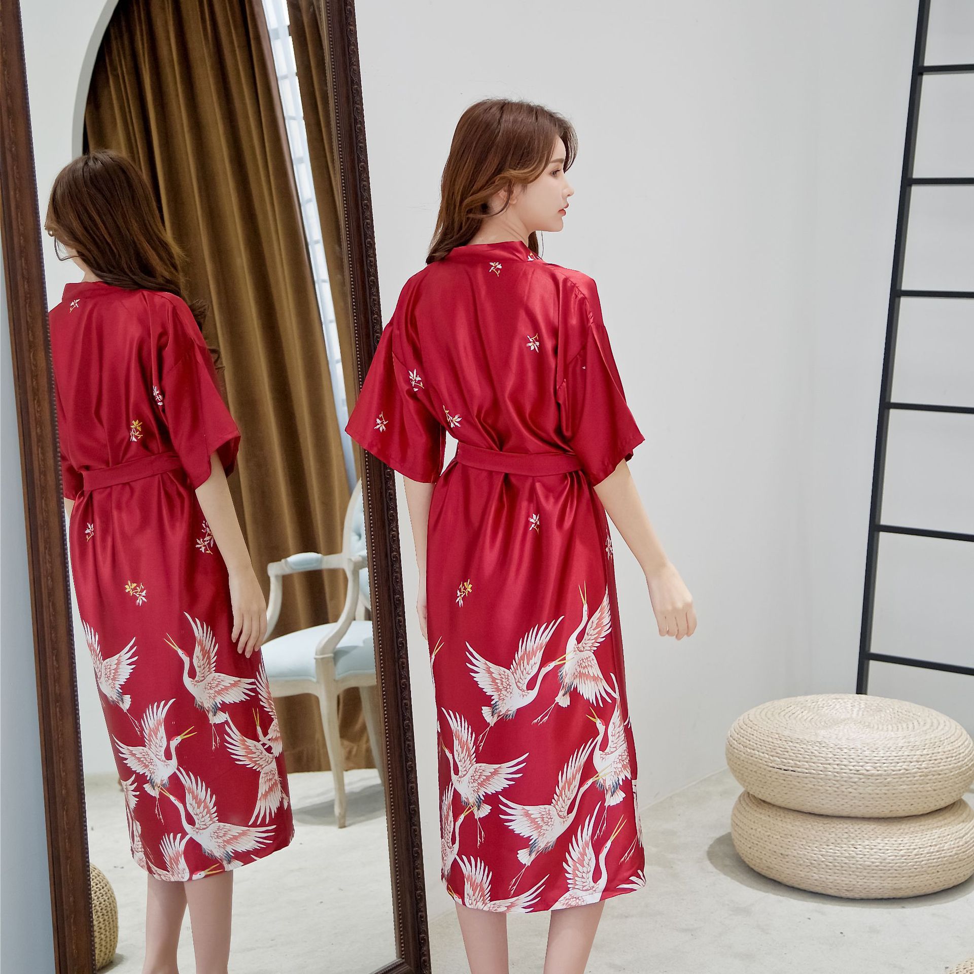 仿真丝睡袍女 伴娘婚礼仙鹤刺绣睡衣 新娘晨袍宽松大码浴袍家居服