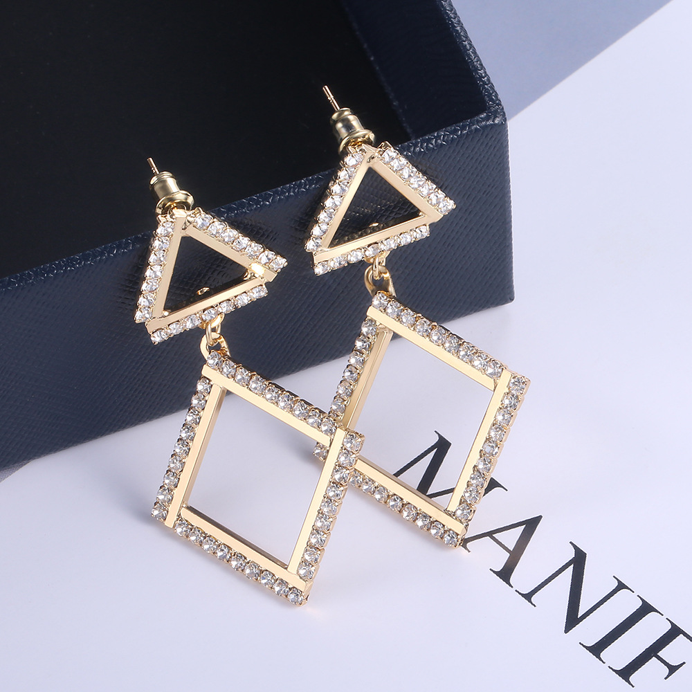 欧美时尚夸张几何三角形镶钻长款耳环女气质百搭耳钉耳饰首饰饰品