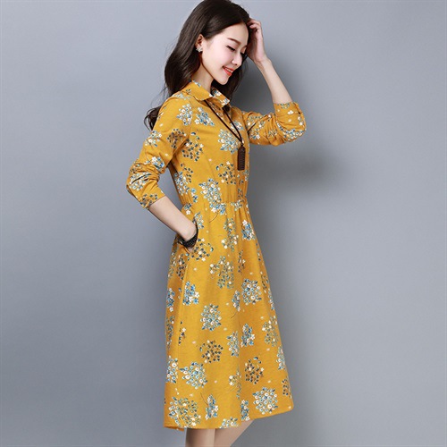 碎花纯棉长袖连衣裙图片