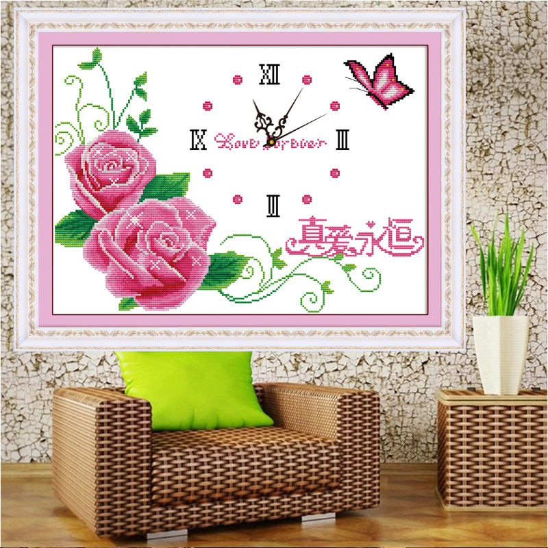 钟表十字绣真爱永恒依恋 印花玫瑰客厅卧室挂钟 厂家批发一件代发
