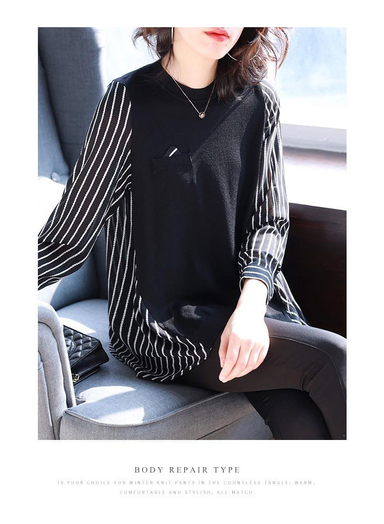 宝诗黎圆领长袖撞色条纹针织衫 独立站2019新款女装秋季韩版休闲