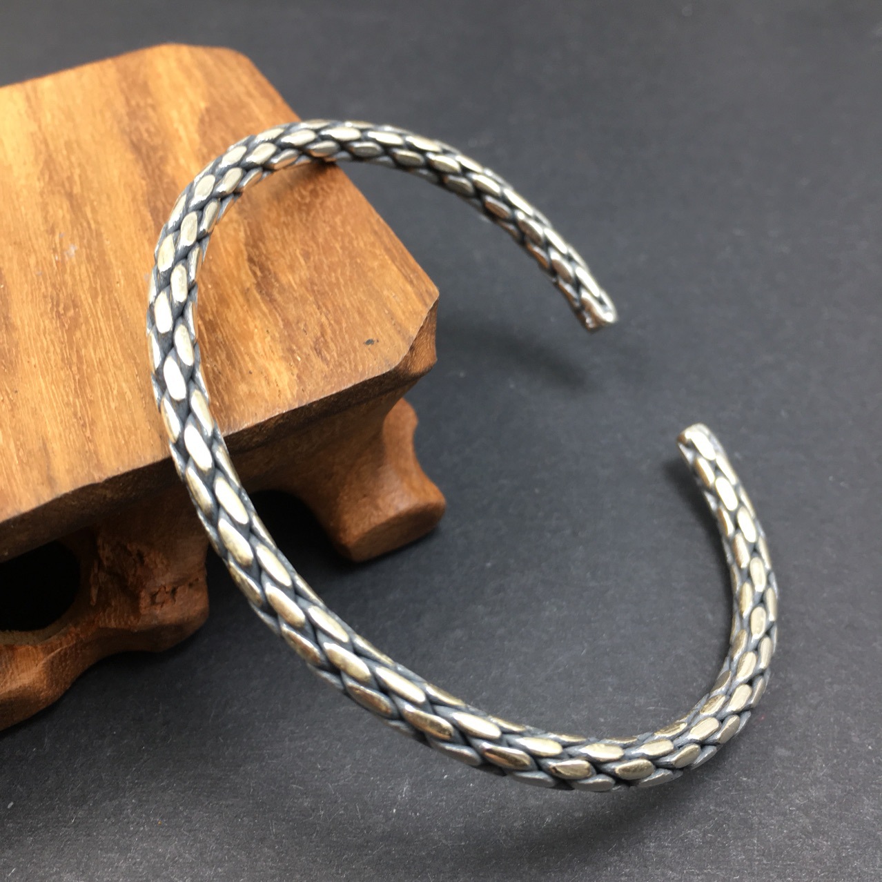 泰国清迈手工银手镯925纯银手工编织纯银c形开口宽版女手镯