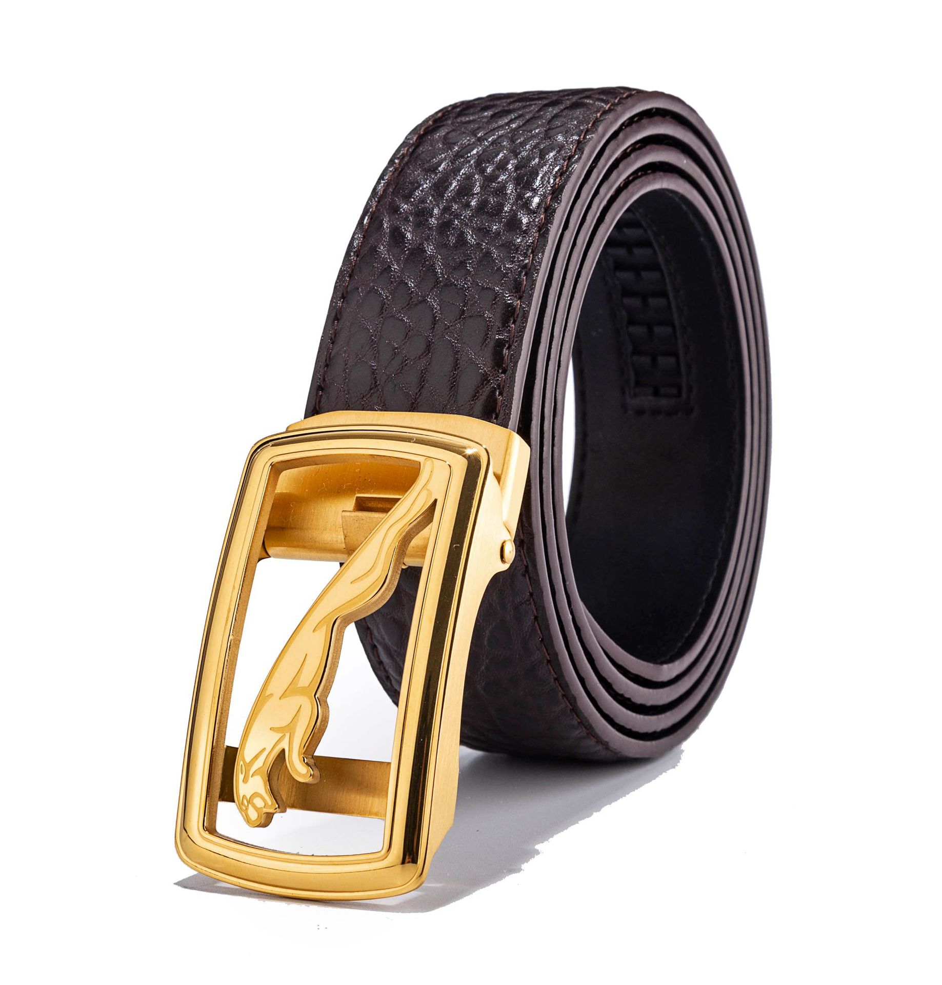 男士不锈钢扣头真皮腰带 原版大象纹双面进口头层牛皮自动扣皮带