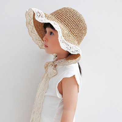 儿童草帽女宝宝蕾丝遮阳帽沙滩帽夏季防晒太阳帽帽子可折叠亲子帽