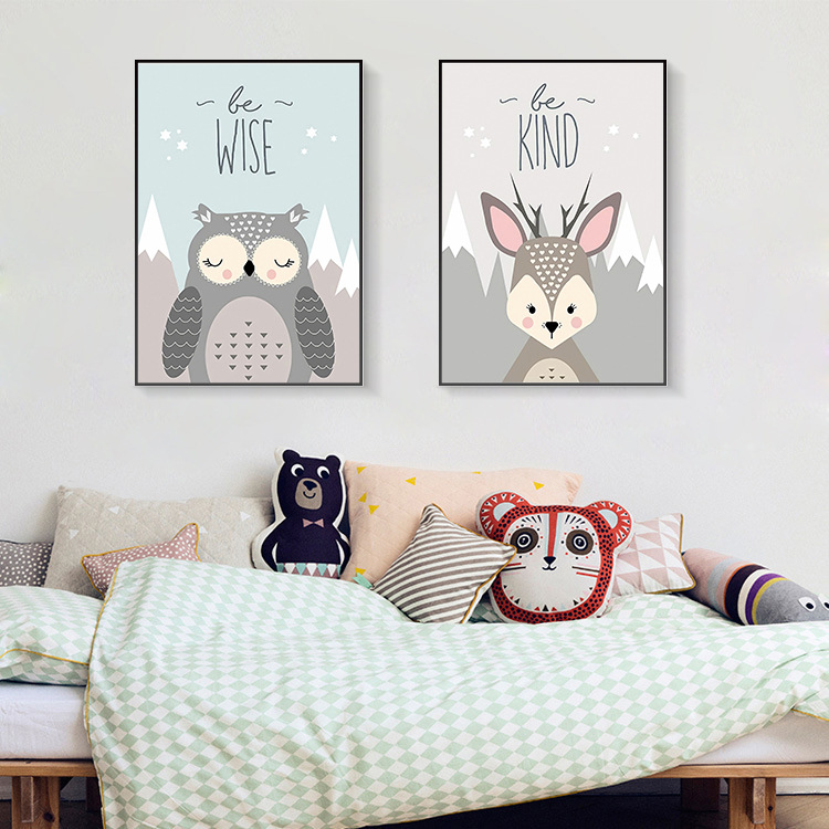 可爱卡通动物狐狸熊鹿猫头鹰帆布画 儿童房装饰挂画 无框画芯