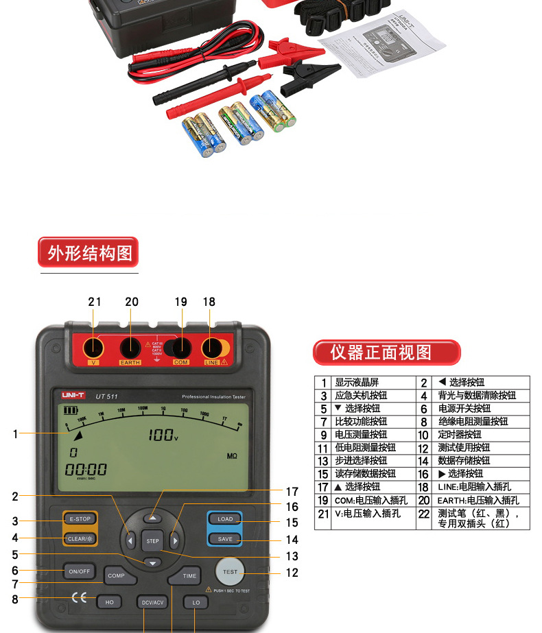 优利德绝缘电阻测试仪 数字兆欧表ut501a 250v/1000v/500v摇表