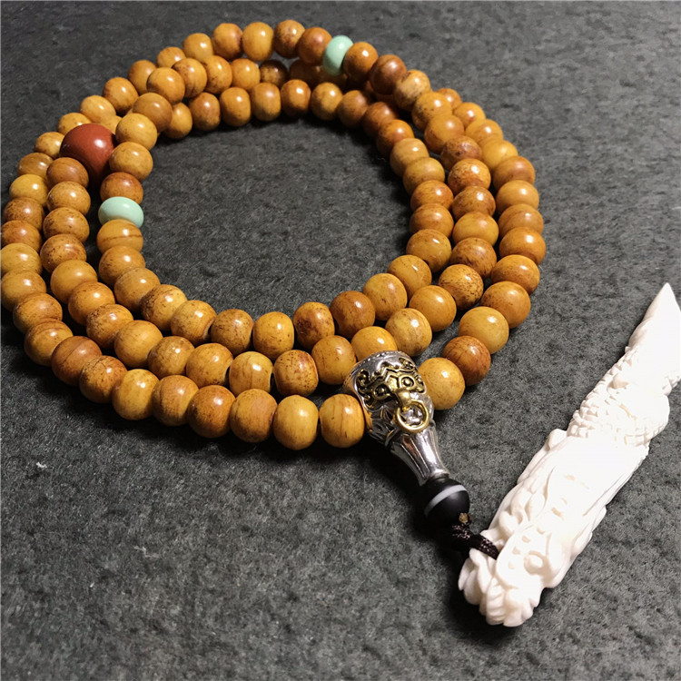 原创新品做旧老料豹骨佛珠108颗圆珠搭配鹿骨龙牙男士项链毛衣链