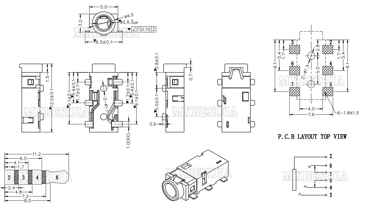 5mm耳机插座 pj-242 耳机插座 6脚贴片 2.5音频接口 立体声rohs