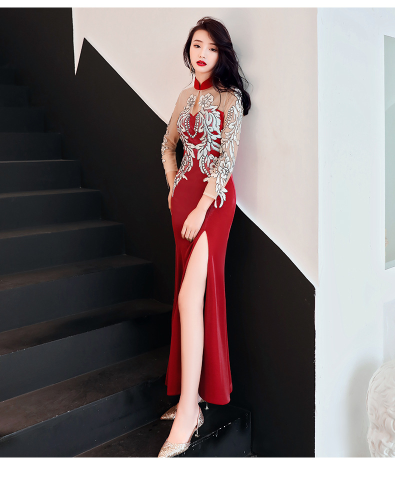 优雅端庄中式晚礼服立领网纱透视袖镂空胸显瘦开叉鱼尾连衣裙旗袍