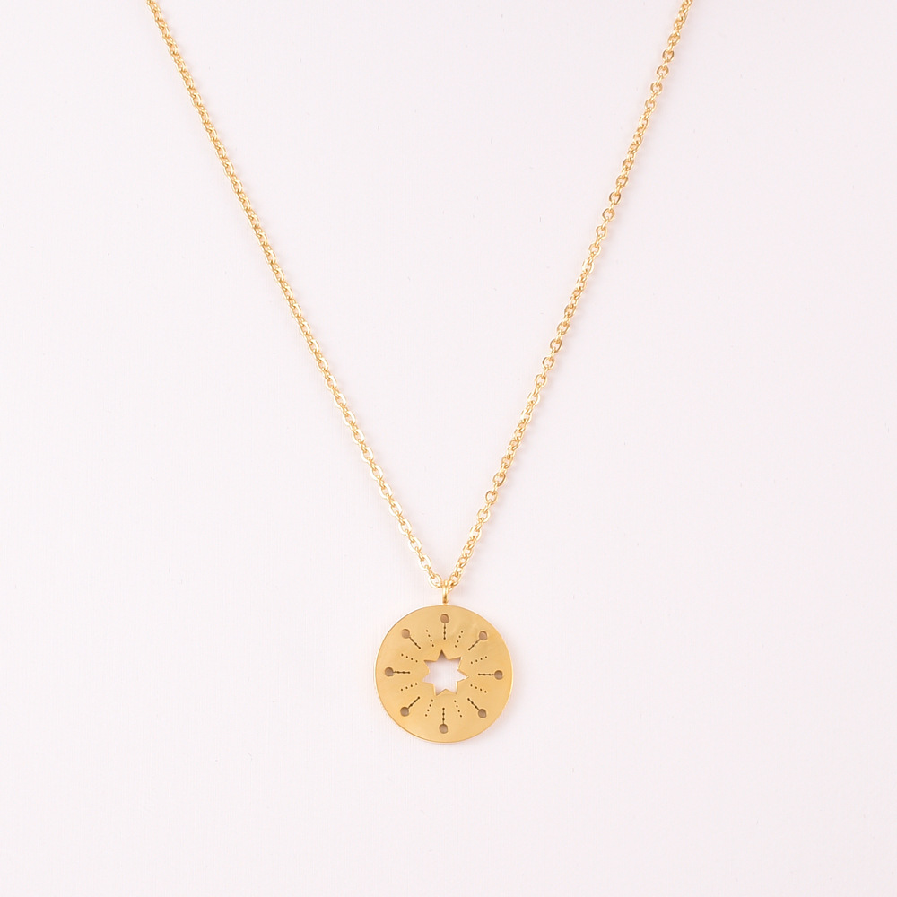 l127仲夏星火放射镂空焰火爆炸圆牌金币项链锁骨链 钛钢镀金女款